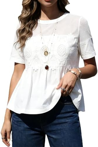Lace Short Sleeve Babydoll Top Pleated Hem Mesh Detailing Elegant Casual Blouse for Beach Vacatio... | Amazon (US)