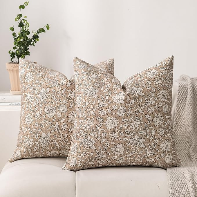 DWR Floral Throw Pillow Covers 18x18 Set of 2, Block Print Decorative Pillow Covers in Soft Taupe... | Amazon (US)