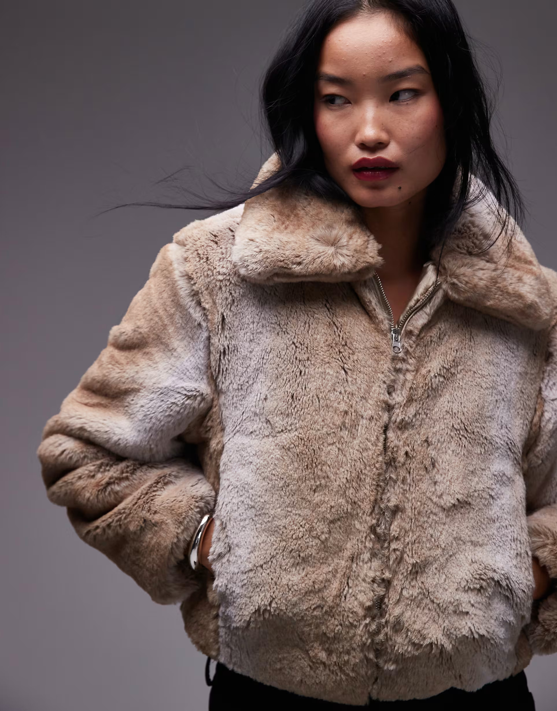 Mango oversized collar fur jacket in beige | ASOS (Global)