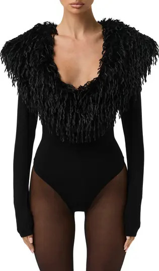 Naked Wardrobe Butter Long Sleeve Bodysuit with Feather Collar | Nordstrom | Nordstrom