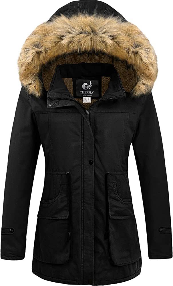 CHERFLY Women's Winter Coats Hooded Puffer Jackets Fleece Lined Parka with Fur Trim | Amazon (US)