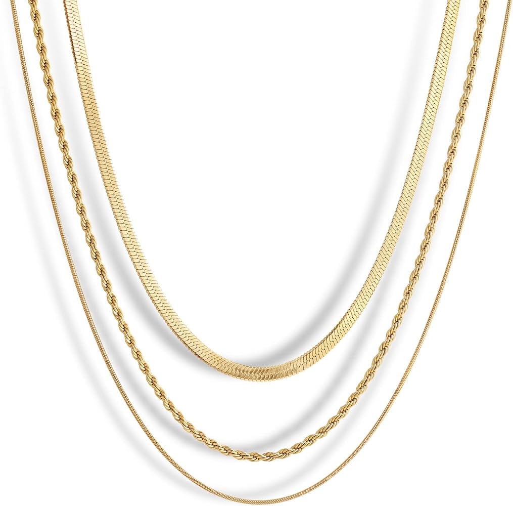 MJartoria Layered Gold Necklace for Women, 14K Gold Plated Trendy Dainty Chain Necklace Adjustabl... | Amazon (US)