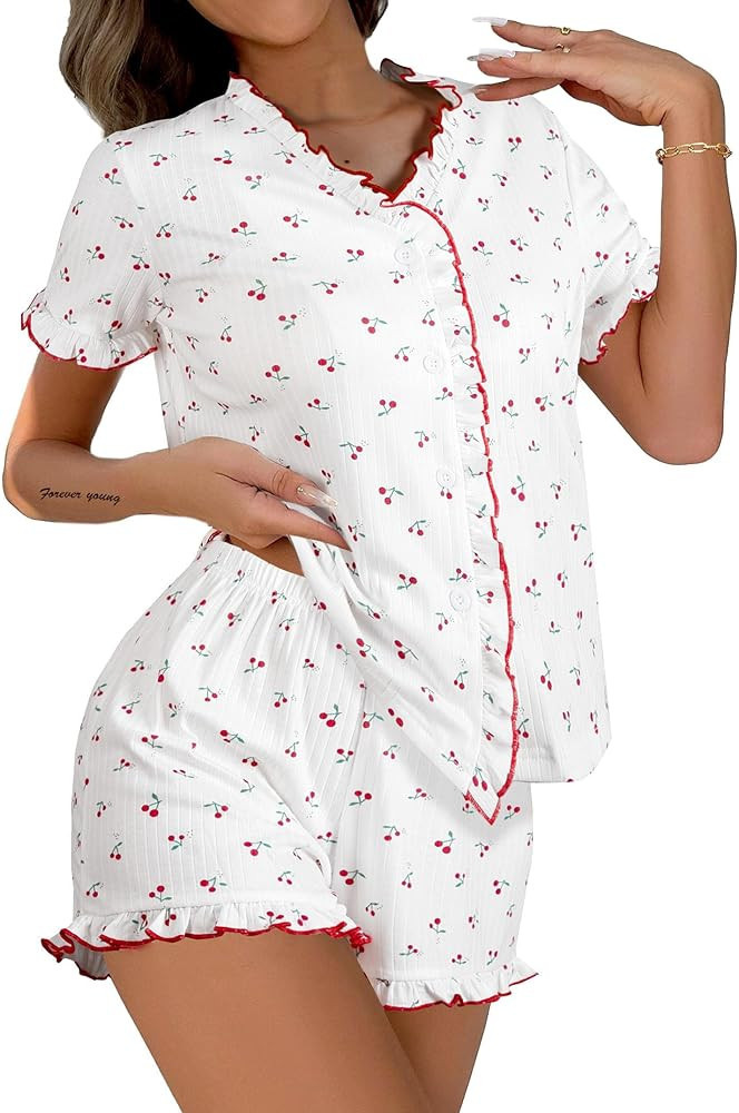 Remidoo Womens Cute Cherry Pajama Set Contrast Binding Frill Trim Pj Loungewear | Amazon (US)