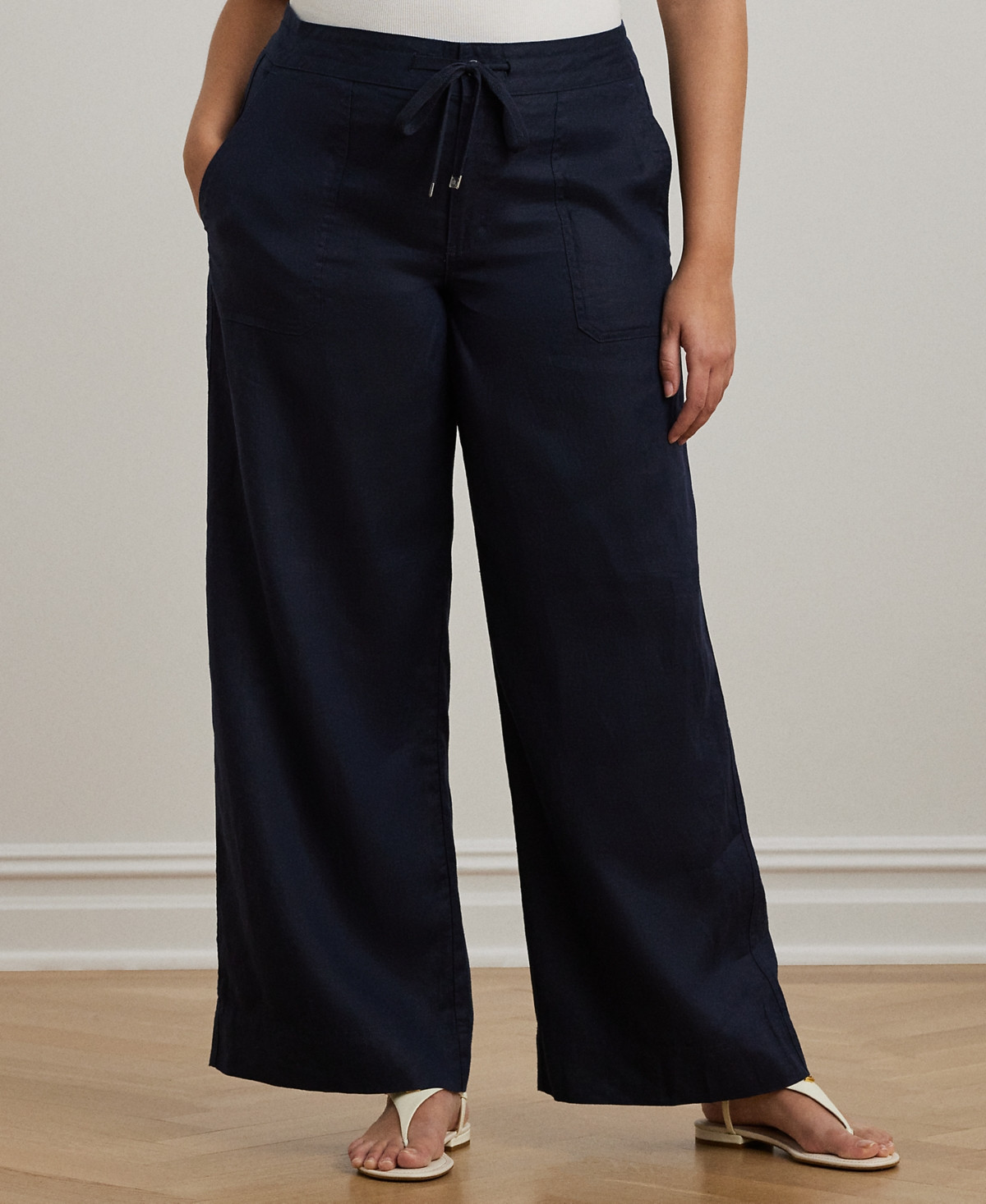 Lauren Ralph Lauren Plus-Size 100% Linen Wide-Leg Pants - Lauren Navy | Macy's