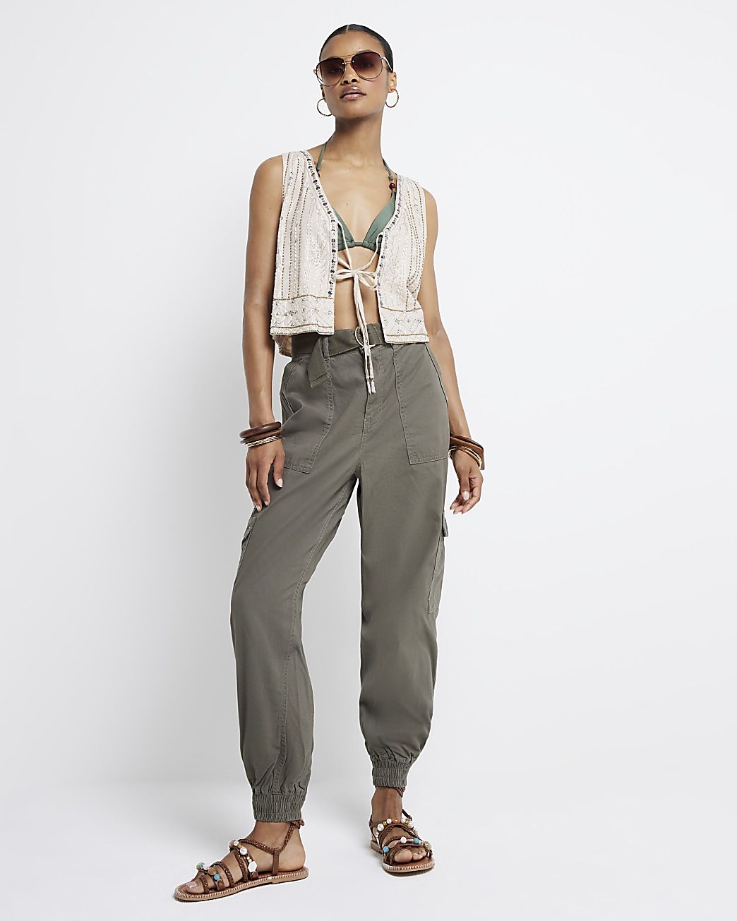 Khaki belted utility cargo trousers | River Island (UK & IE)