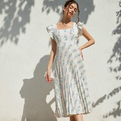 Floral Print Ruffle Trim Pleated Hem Dress Vacation Outfits WomanÂ  | SHEIN