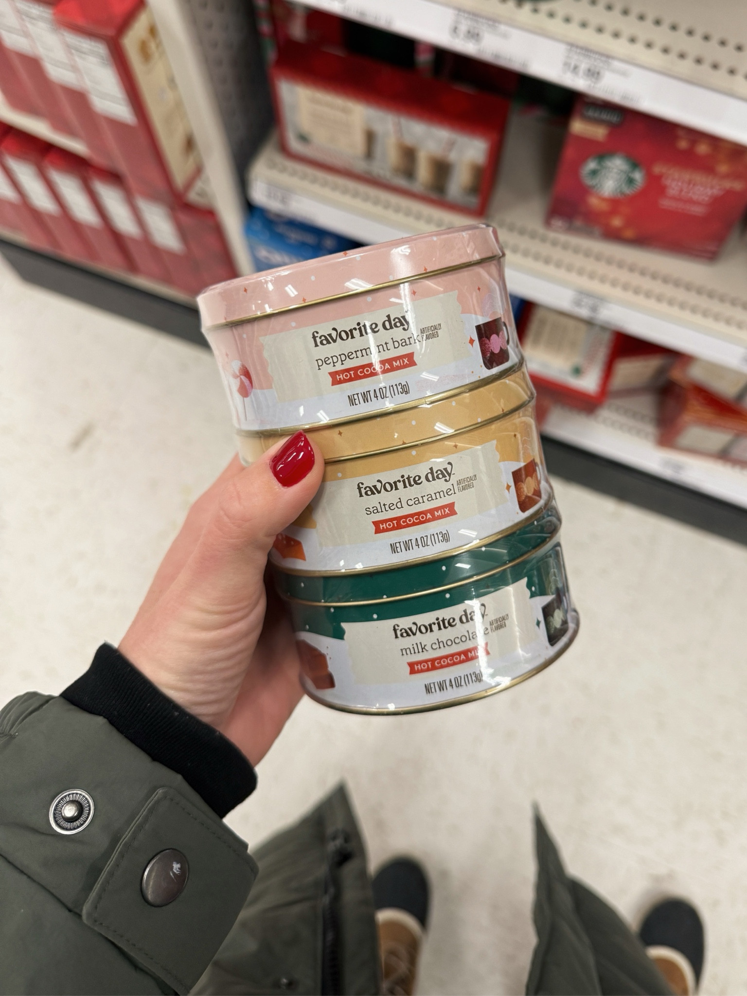 The cutest nine dollar hot cocoa tin from target! This would be so cute for a gift, just add a pretty ribbon and bow. Or include a mug, marshmallows, etc!