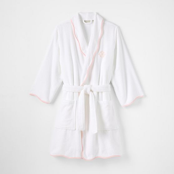 Hydrocotton Scalloped Bath Robe, Medium-Large, White-Pink | Mark and Graham
