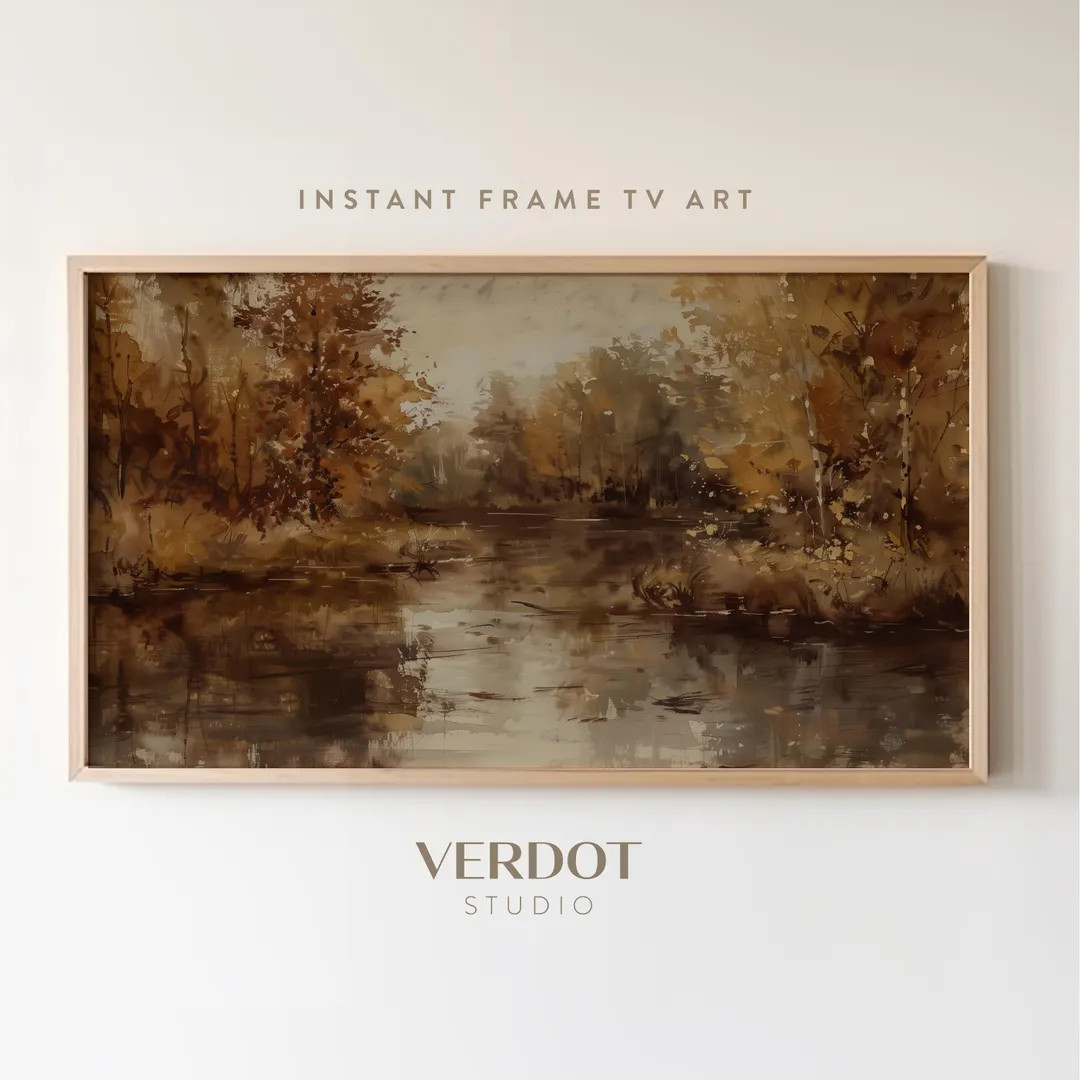 Autumn Painting Frame TV Art, Fall Tree Landscape River Country Vintage Screensaver, Brown Fall D... | Etsy (US)