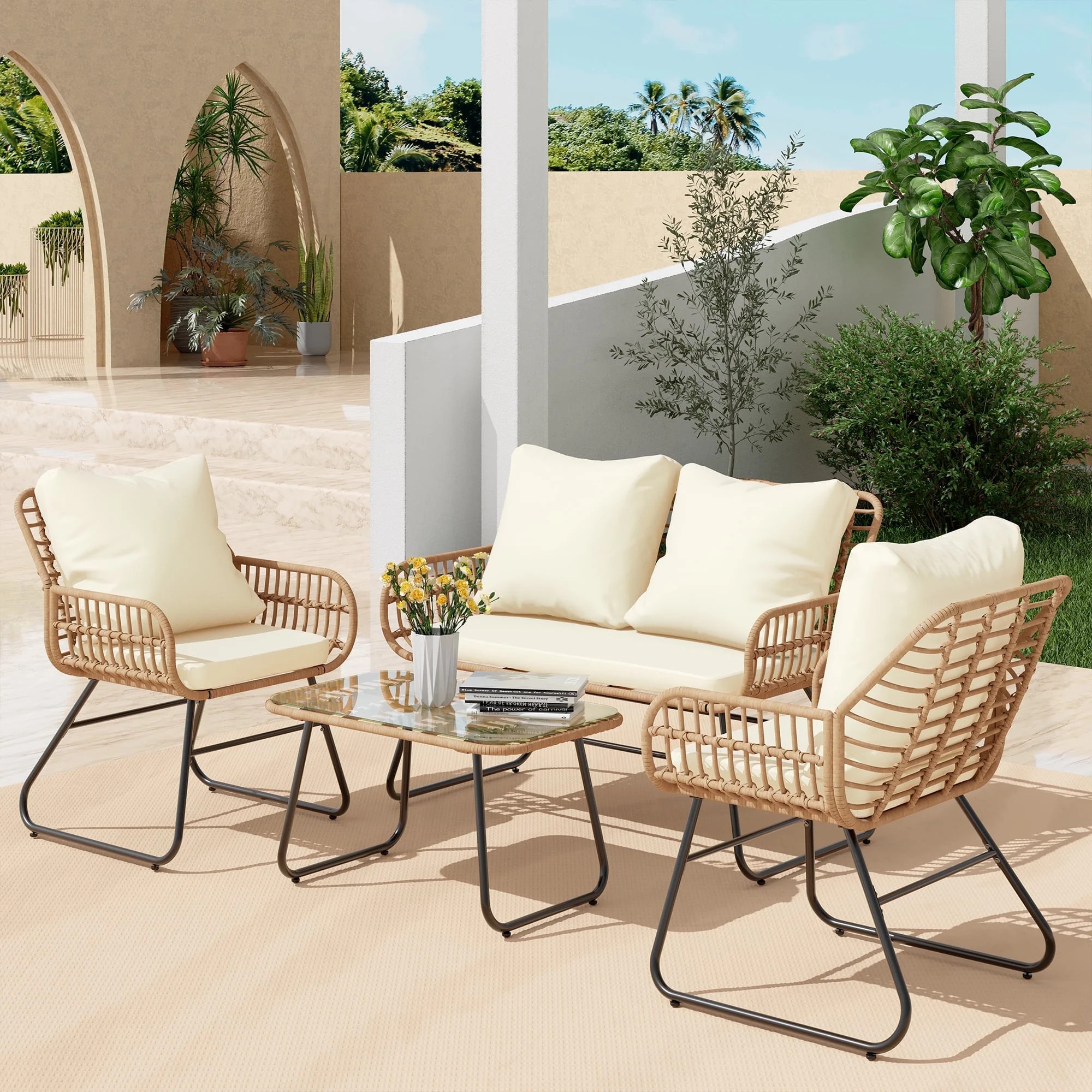 Bifanuo 4-Piece Rattan Patio Furniture Set, All-Weather Bistro Conversation Loveseat, Chairs, and... | Walmart (US)