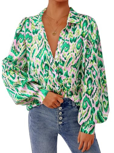 PRETTYGARDEN Women's Floral Blouses Dressy Casual V Neck Button Down Shirts Lantern Long Sleeve B... | Amazon (US)