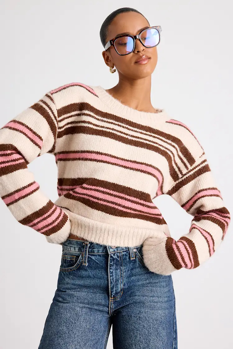 Sisi Brown and Pink Striped Crew Neck Pullover Sweater | Lulus