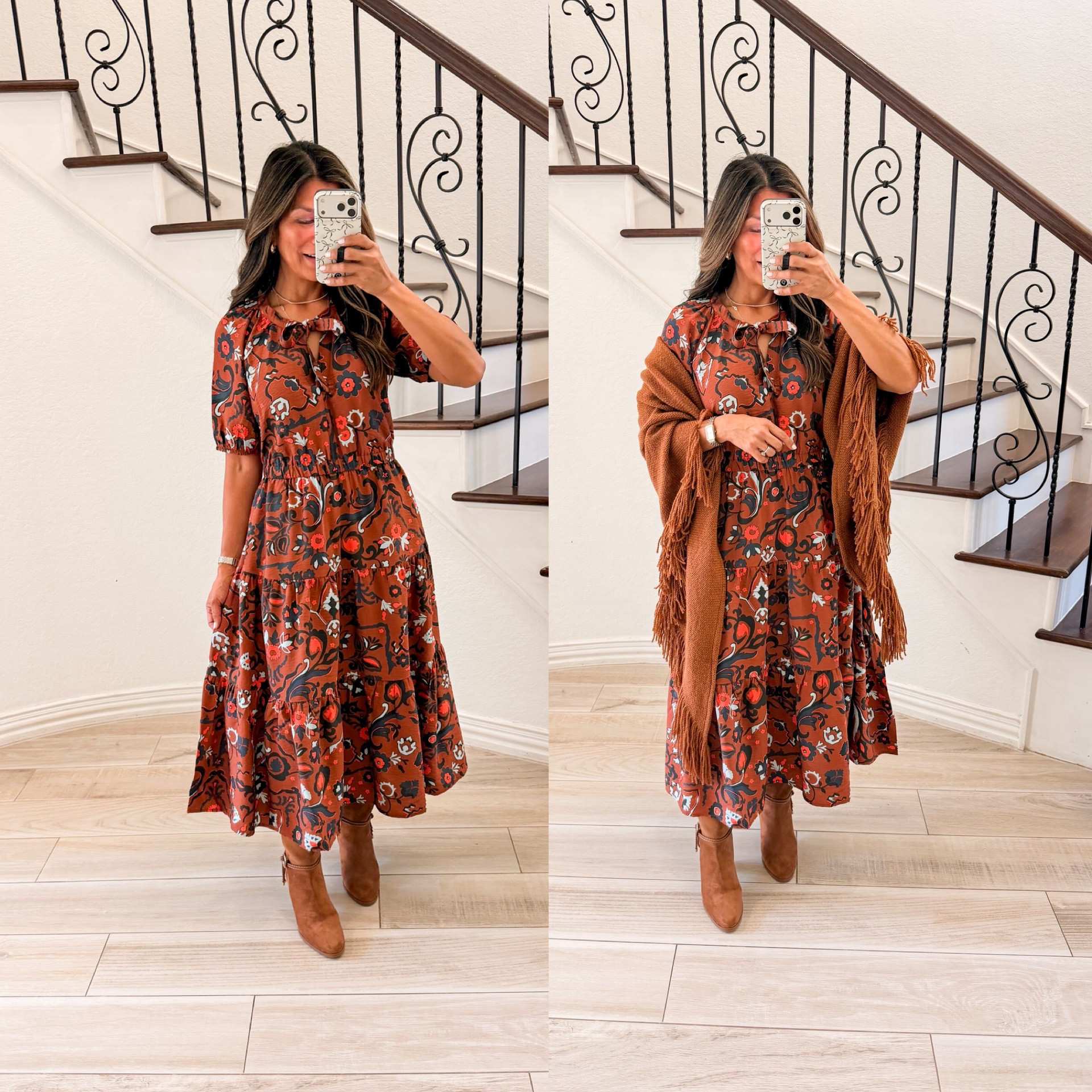 I’m 5’2” 118#ish for reference 
Dress in XS tts.
Fringe cape s/m
Knee length boots fit tts.

Fall outfit, fall fashion for women over 50, over 50 style, midlife fashion, petite fashion,midlife women, affordable fashion, fashion over40