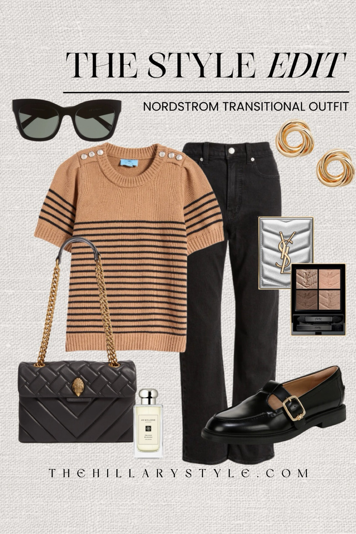 The Style Edit: Transitional Outfit from Nordstrom. Striped sweater top, black denim, loafers, handbag, black sunglasses, gold twist earrings, eyeshadow pallet, orange blossom perfume. Madewell, Sam Edelman, Kurt Geiger, Le Specs, Yves Saint Laurent, Jo Malone, Nordstrom, CeCe, SHYMI

#LTKSeasonal #LTKStyleTip #LTKOver40