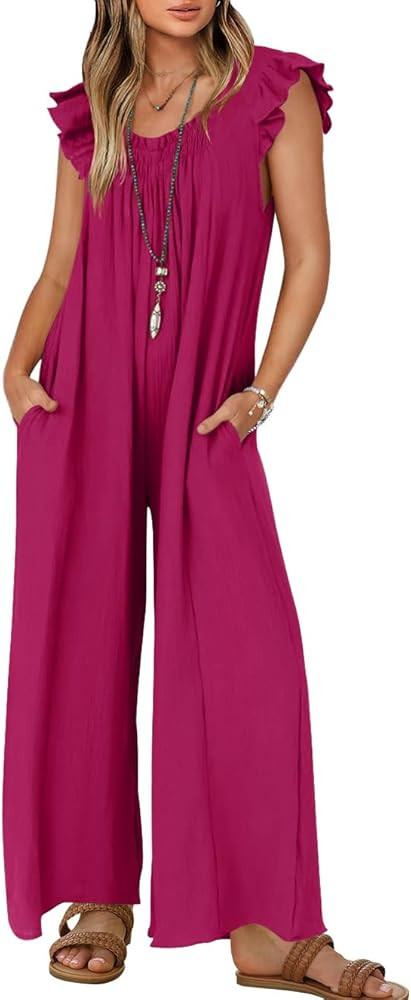 ZESICA Women's Summer Loose Jumpsuit Casual V Neck Sleeveless Oversized Wide Leg Pant Overalls Ro... | Amazon (US)