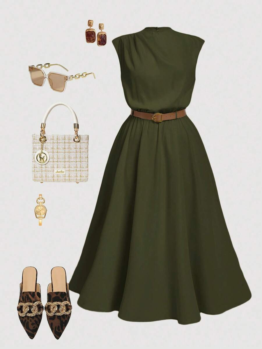 SHEIN MOD Plus Size Women Solid Color Sleeveless Dress, Elegant Office Dress (With Belt) Dress Gr... | SHEIN