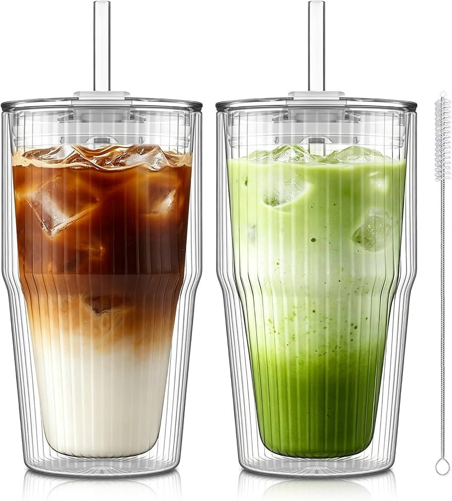 KEMORELA Double Wall Glass Tumbler,16oz Glass Tumbler with Lids and Straws | Amazon (US)