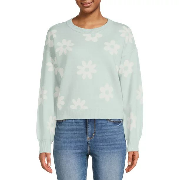 No Boundaries Junior's Cropped Print Sweater, Midweight, Sizes XS-XXXL | Walmart (US)