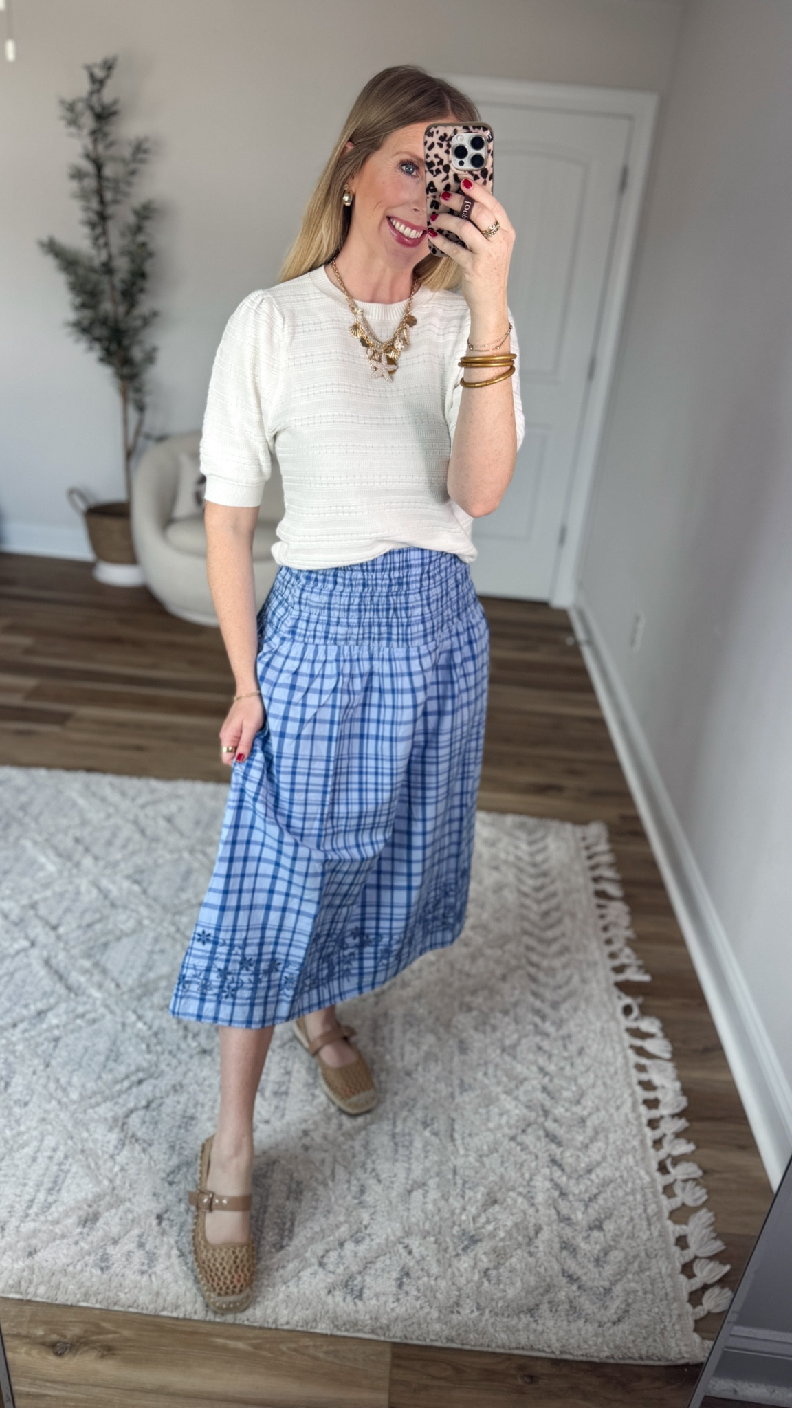 Daily try on, Walmart outfit, Walmart fashion, Walmart try on, white sweater, blue plaid midi skirt 

#LTKootd #LTKWorkwear #LTKmomlife