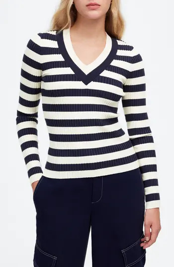 Madewell Stripe V-Neck Sweater in Blue Stripe at Nordstrom Rack, Size Xx-Small | Nordstrom Rack