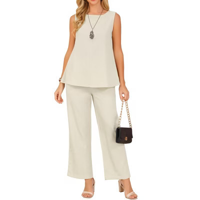 INSPIRE CHIC Women's Summer Outfits Sleeveless Round Neck Tank Top Dressy Casual Wide Leg Pants Set 2 Pcs Small Beige | Target