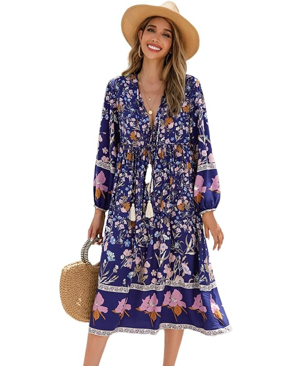 R.Vivimos Women's Long Sleeve Floral Print Retro V Neck Tassel Bohemian Midi Dresses | Amazon (US)