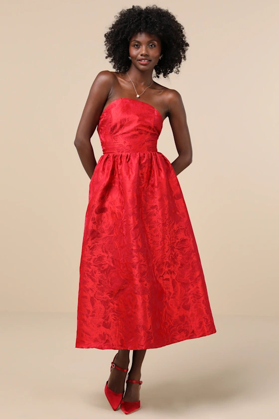 Picturesque Icon Red Jacquard Lace-Up Strapless Midi Dress | Lulus