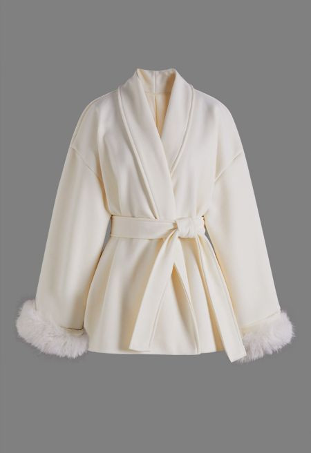 Faux Fur Cuffs Shawl Collar Wrap Coat in Cream | Chicwish