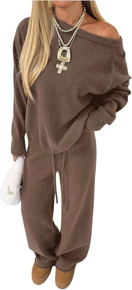 MakeMeChic Women's 2 Piece Set Crew Neck Long Sleeve Knit Sweater Tops Wide Leg Pants Sets | Amazon (US)