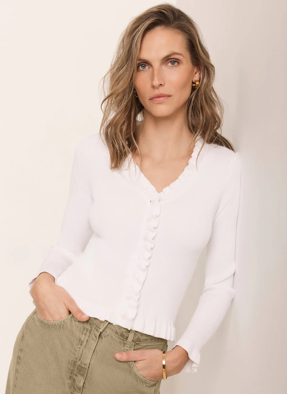 White Ruffle Detail Cardigan | Mint Velvet