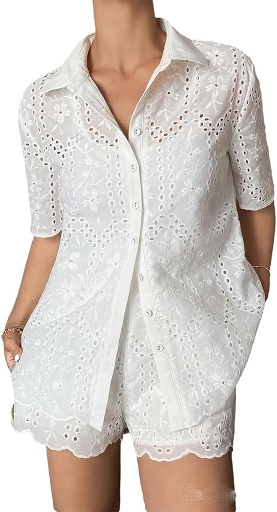 Wuitrie Short Sets Women 2 Piece Outfits Summer Button Down Shirts Shorts Hollow Out Beach Vacati... | Amazon (US)