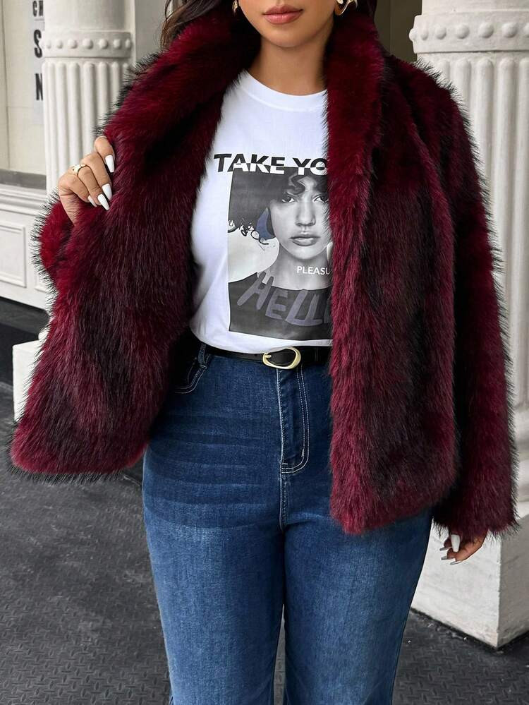Burgundy fur jacket plus size | SHEIN
