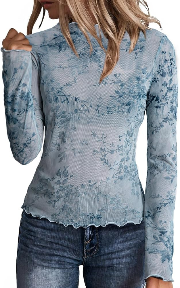 Dokotoo Women's Velvet Floral Embroidery Mesh Tops Gradient 2026 Long Sleeve Lace Shirt | Amazon (US)