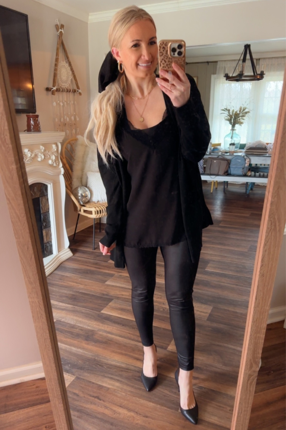 Took a break from bold colors and did an all black outfit for work. Black lace cami layered with a black cardigan, black faux leather leggings, black heels and a black scarf. I love wearing fun scarves and headbands!  #weartowork #workwear #officeoutfitideas #ootdworkoutfits #workwearootd 

#LTKworkwear #LTKSeasonal #LTKstyletip