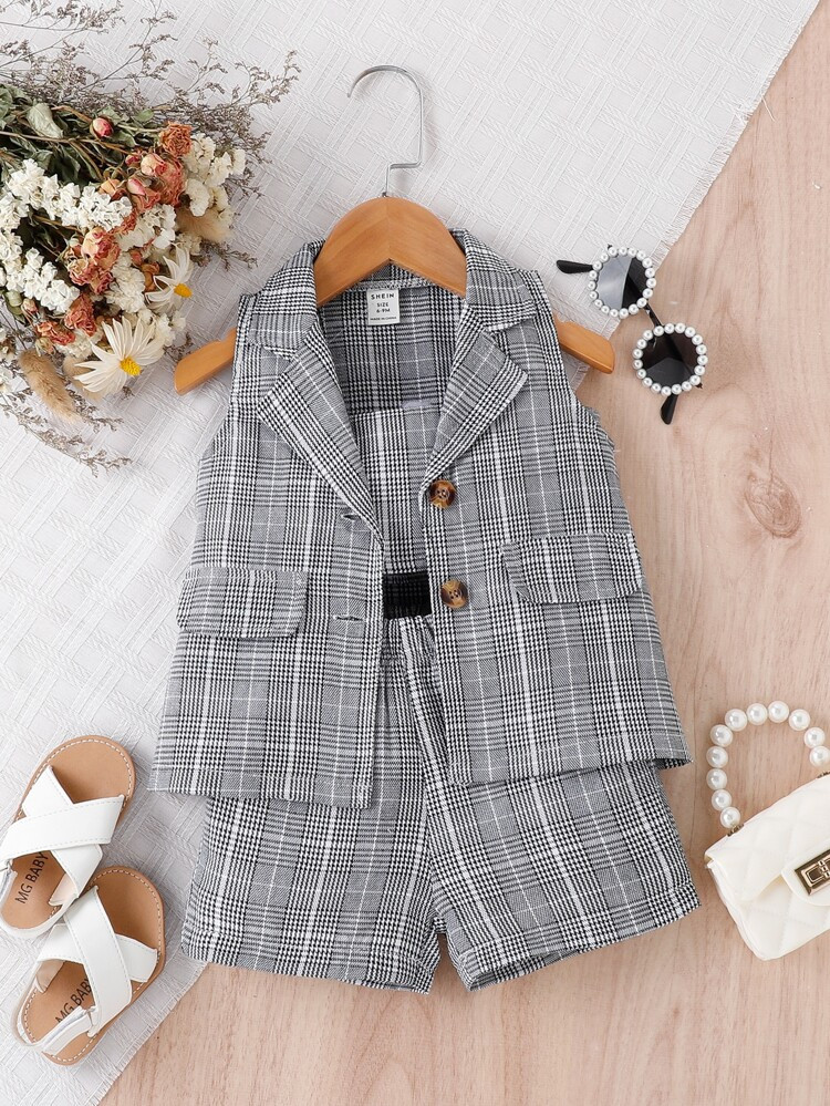Baby Plaid Print Vest Jacket & Shorts & Cami Top | SHEIN