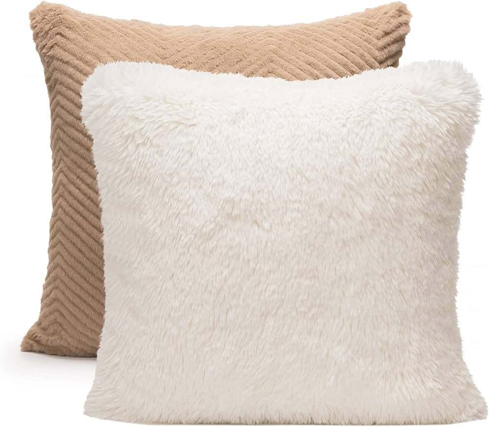LA JOLIE MUSE Throw Pillow Cover, White Ultra Soft Fluffy Plush Double-Sided Faux Fur and Brown F... | Amazon (US)