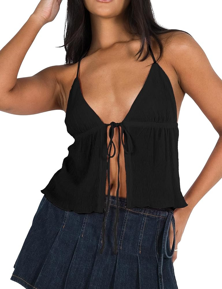 ISZPLUSH Women Sexy Halterneck Y2k Tops Slit Front Tie Crop Tops Sleeveless Spaghetti Strap Vests... | Amazon (US)