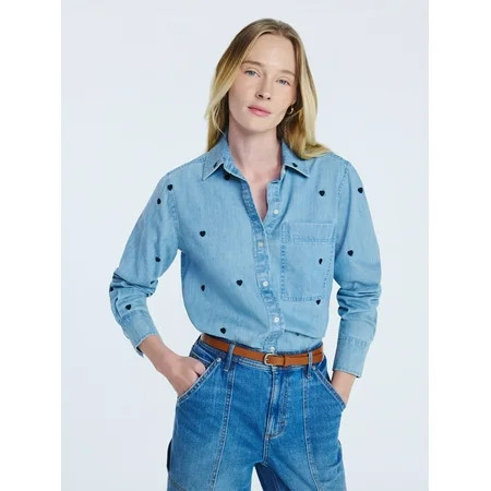 Free Assembly Women's and Women’s Plus Embroidered Hearts Denim Shirt with Long Sleeves, Sizes XS-4X | Walmart (US)