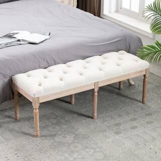 LUCKY ONE Beige Ottoman French Country Rectangle Bed Bench with Linen Upholstery and Wood Legs-LU... | The Home Depot