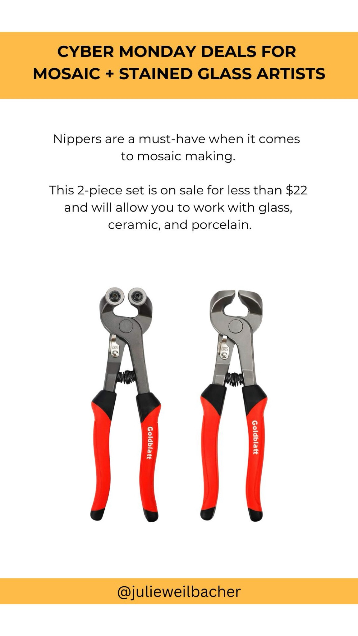 Sharing a 2-piece set of nippers to use in mosaic and stained glass artist. ✨ This set will allow you to work with glass, ceramic, and stone. ✨ For mosaic tips, tutorials, inspiration, and so much more please visit my YouTube channel: YouTube.com/julieweilbacher. Follow @julieweilbacher on Instagram for all things mosaic art. tile crafts - mosaic - gifts for crafters - stained glass - glass crafts - tools for crafters - wheeled glass nippers - tile nippers

#LTKFindsUnder50 #LTKCyberWeek #LTKGiftGuide