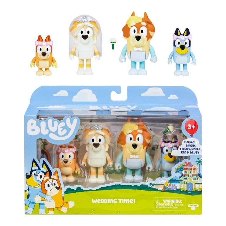 Bluey 4-Pack Wedding Time  Figures, Includes  Uncle Rad, Frisky, Bluey and Bingo, Ages 3+ | Walmart (US)