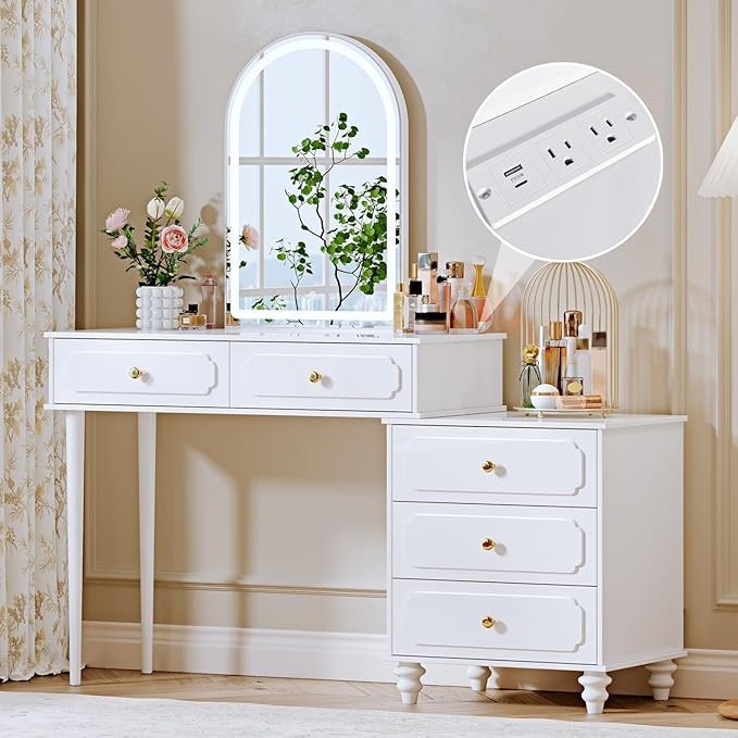 White,Vanity Desk with Mirror and Lights,Makeup Vanity with Power Outlet and Adjustable Cabinet,M... | Amazon (US)