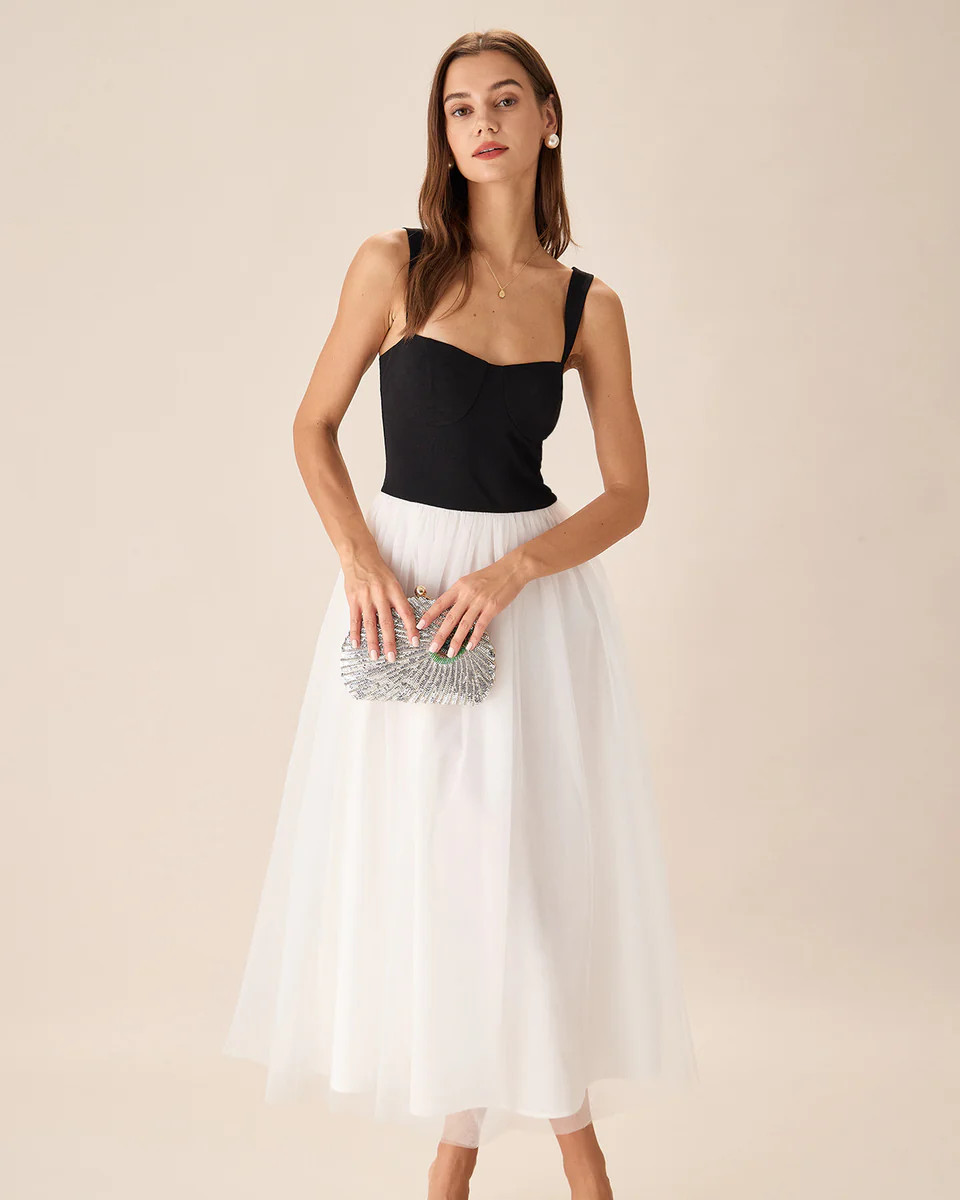 Black Contrast Sweetheart Neck Midi Dress | rihoas.com