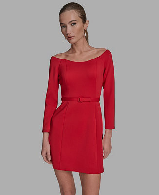 Women's Scuba Off-The-Shoulder Belted Fashion and Function Dress | Macy's
