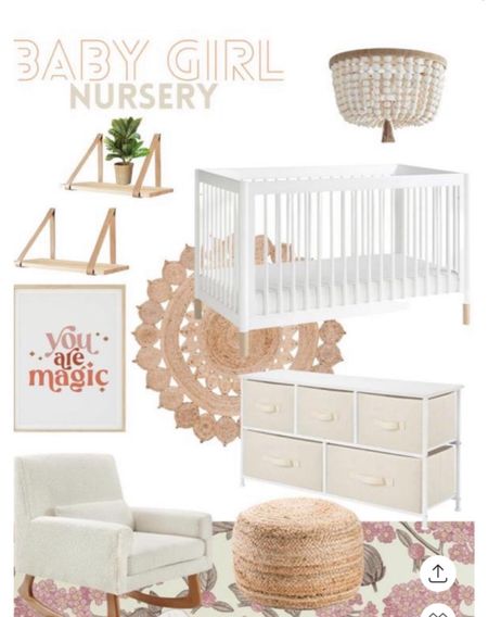 The absolute cutest baby girl nursery inspiration with boho decor! Obsessed with the beaded light fixture, white crib, Boucle rocker, floral wallpaper, and round jute rug! 

#LTKkids #LTKstyletip #LTKbaby