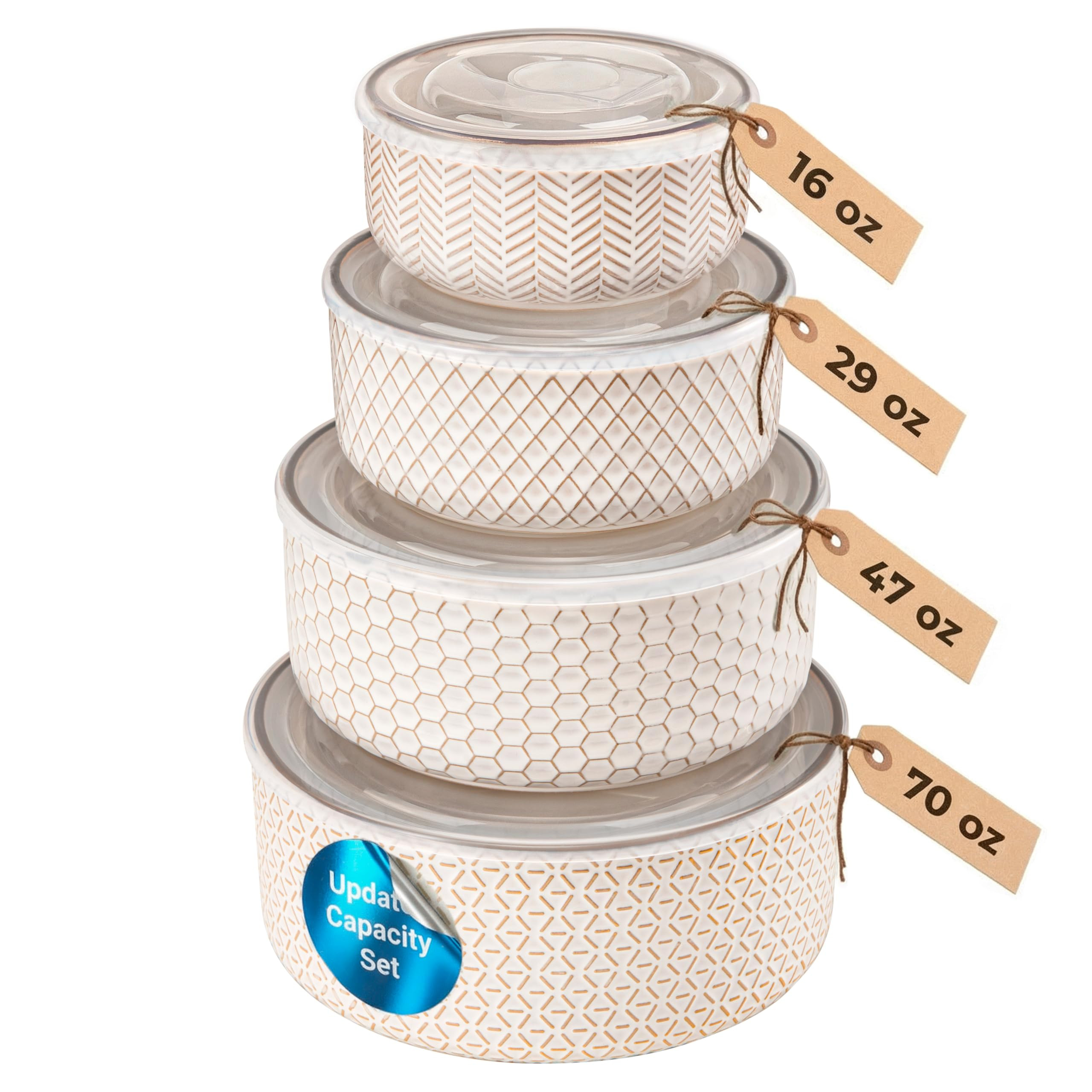 KooK Serving Bowls, with Lids, Ceramic Nesting Bowls, Set of 4, Embossed, Kitchen, Prep, Stackabl... | Amazon (US)