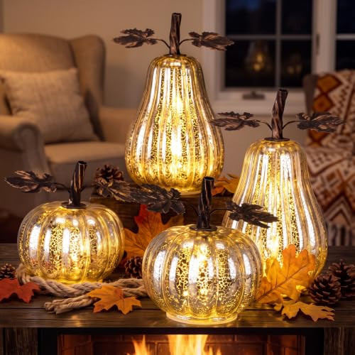 Glooglitter 4 Pcs Glass Pumpkin Lighted Fall Thanksgiving Decor,Silver | Amazon (US)