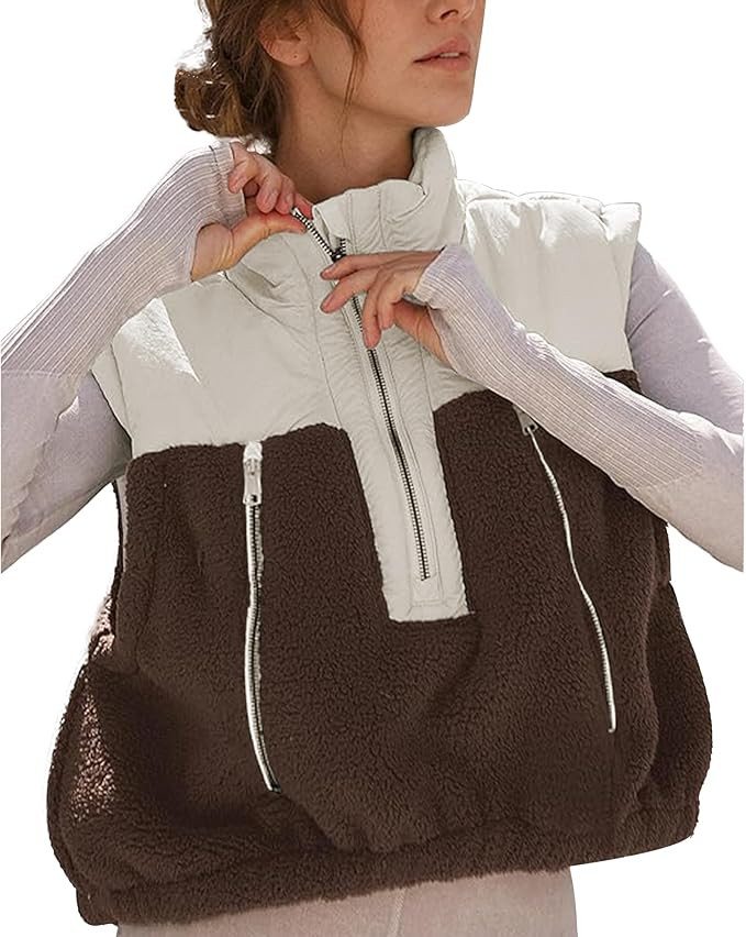 Hixiaohe Womens Oversized Casual Zip Up Fleece Vest Lightweight Sleeveless Warm Outerwear Puffer ... | Amazon (US)