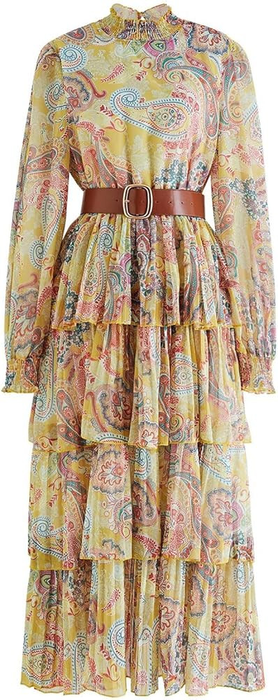 CHICWISH Women's Red/Pink/Yellow Paisley Printed Ruffle Shirred Mock Neck Long Sleeve Belted Laye... | Amazon (US)
