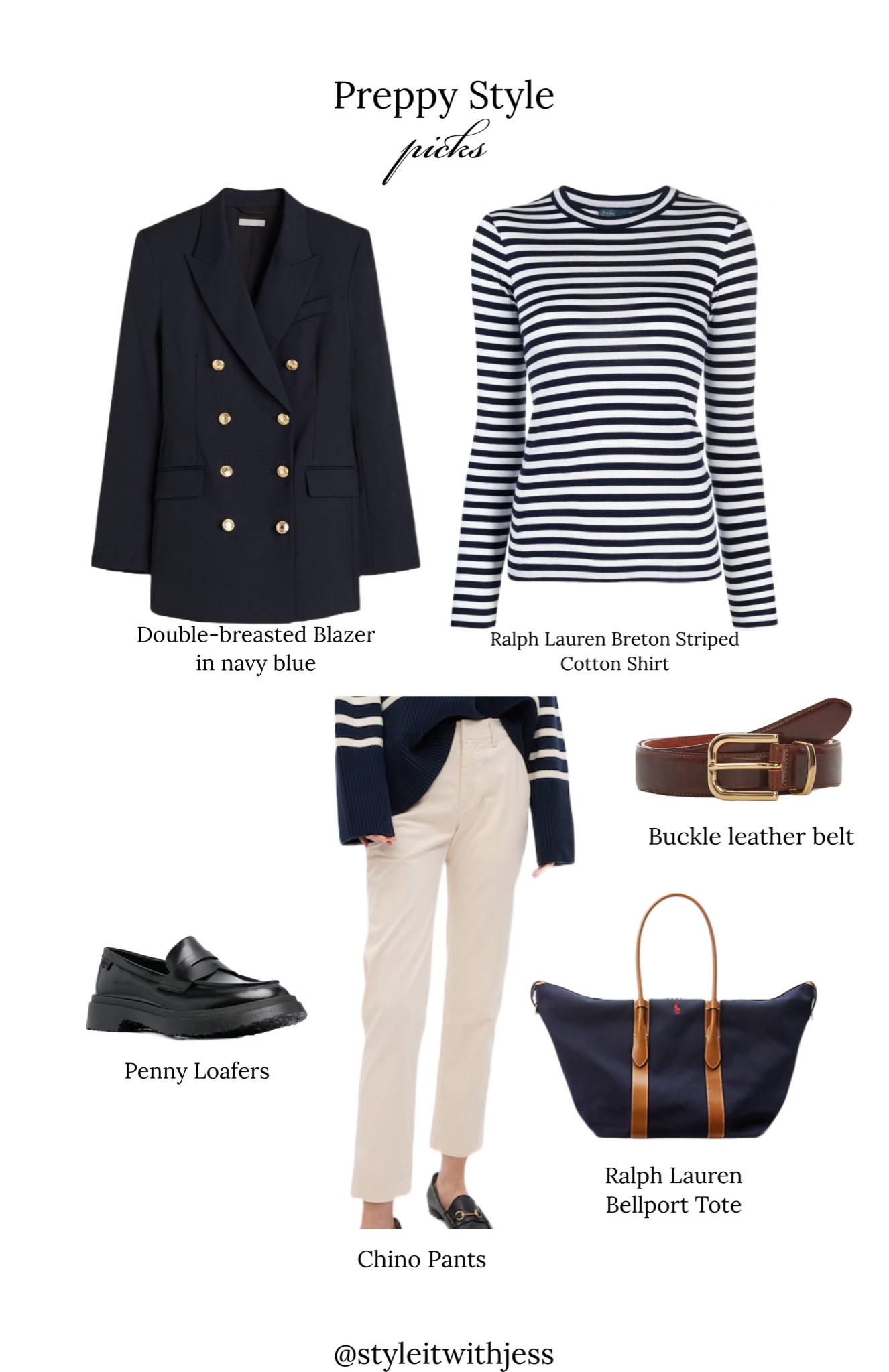 Preppy Style outfit inspo and favorites 🤍

Chino Pants, Walden leather penny loafers, Ralph Lauren Bellport tote, Buckle leather belt, Ralph Lauren Breton Striped Cotton Shirt, Double Breasted blazer in navy blue 

#LTKMostLoved #LTKstyletip #LTKover40